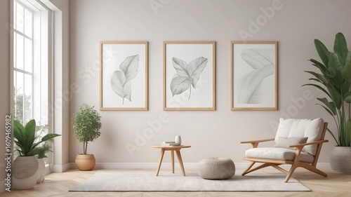 Mock up poster frame in Scandinavian style interior. 3D illustration stock photo