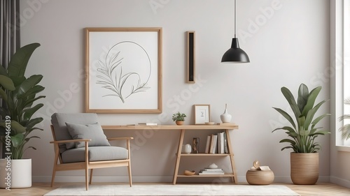 Minimalist livinig room with modern furnitures. Mock up poster frame in Scandinavian style interior. 3D illustration 
