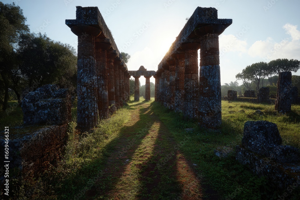 Obraz premium Low Angle, Warm Sunrise, Stone Columns, Green Grass, Dramatic Shadows, Atmospheric, Ruined Architecture