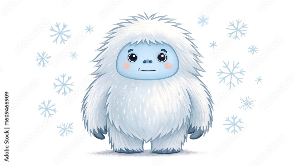Obraz premium Cute fluffy yeti character with snowflakes
