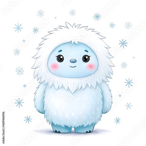 Cute fluffy yeti character with snowflakes