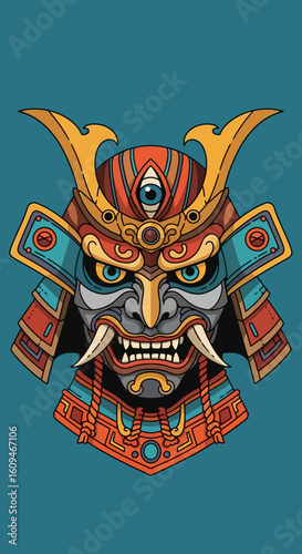 Vibrant illustration of a fierce traditional Japanese samurai helmet with a demonic face and a mystical third eye.