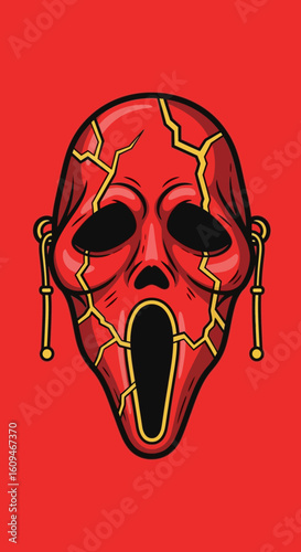 A cracked, screaming red mask with golden fissures and dangling earrings against a vibrant red background, evoking a sense of horror or dramatic expression.