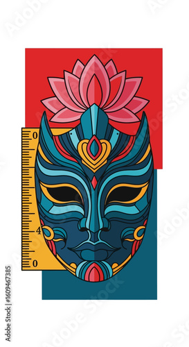 Ornate blue mask with intricate designs and a pink lotus flower above, set against a backdrop of geometric shapes and a ruler.