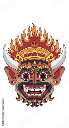 An ornate illustration of a traditional Balinese demon mask with horns, fangs, and a fiery crown.