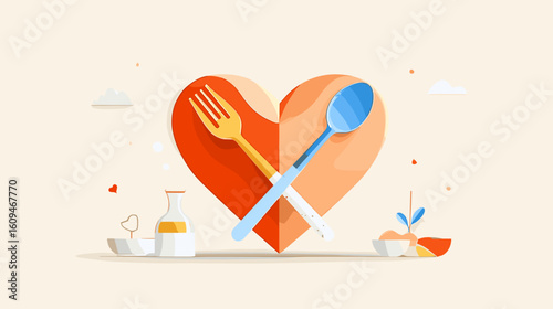 Heart-shaped food concept with fork and spoon in pastel colors  