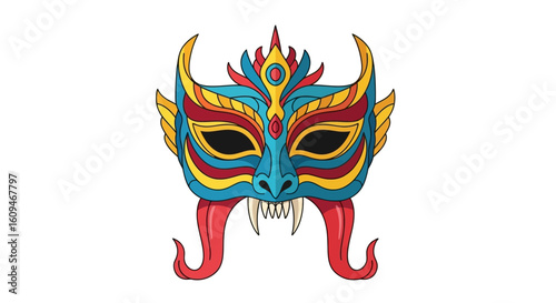 An ornate, colorful illustration of a mythical demon mask with horns, fangs, and forked tongues.
