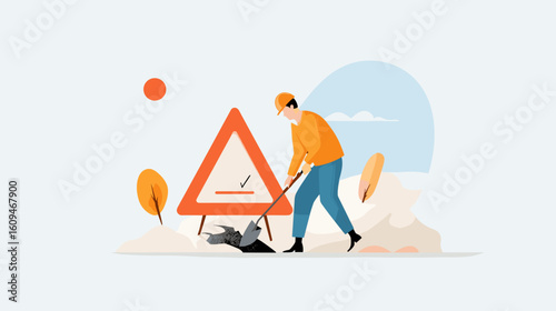 Construction worker digging near warning sign in autumn scenery  