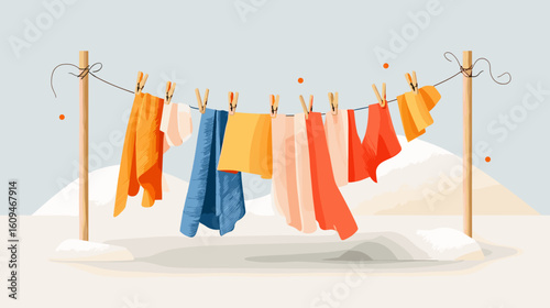 Colorful clothes hanging on a line in a winter landscape  