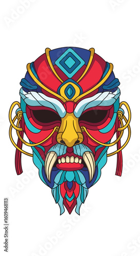 A vibrant, symmetrical illustration of an ornate mythological warrior mask with fangs.