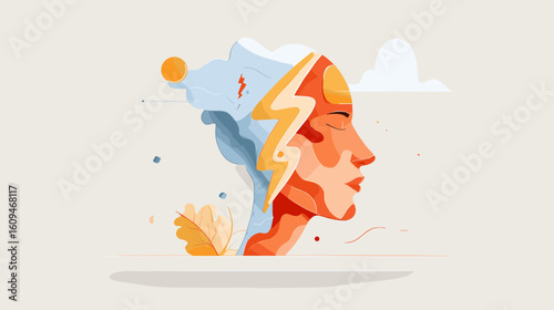 Abstract illustration of a woman’s face with lightning and clouds  