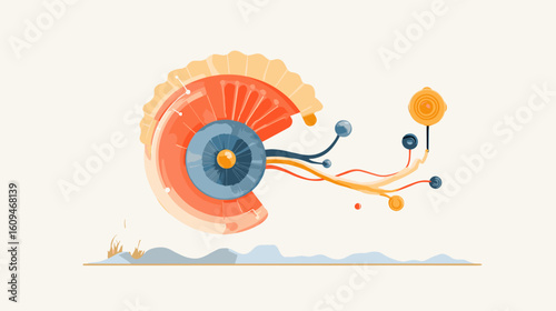 Abstract illustration of a colorful snail shell with flowing lines  