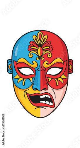 A stylized, brightly colored mask featuring a split design with contrasting facial expressions and ornate patterns.