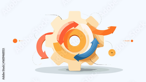 Abstract gear with colorful arrows indicating motion and dynamics  