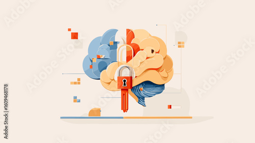 Colorful brain illustration with padlock symbolizing security  