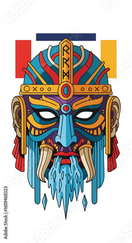 Intricate stylized mask, vibrant colors, ancient design, mythical creature.