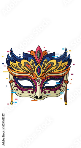 An ornate, colorful masquerade carnival mask with intricate patterns and a digital glitch effect.