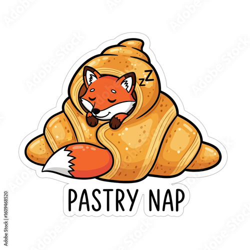 Cute cartoon fox sleeping soundly inside a warm golden croissant pastry blanket.