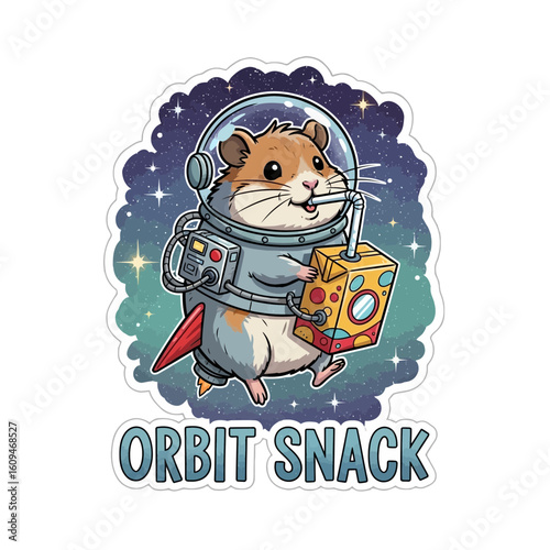 Cute cartoon hamster astronaut in a spacesuit with a jetpack drinking a colorful juice box.
