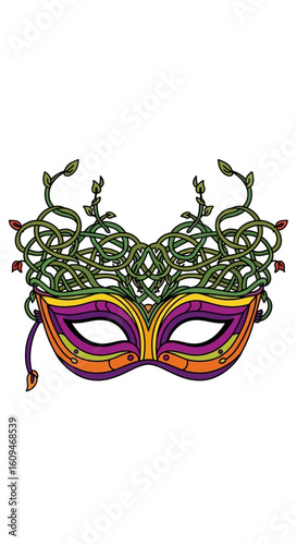 Intricate masquerade mask adorned with intertwining vines and leaves, vibrant colors.