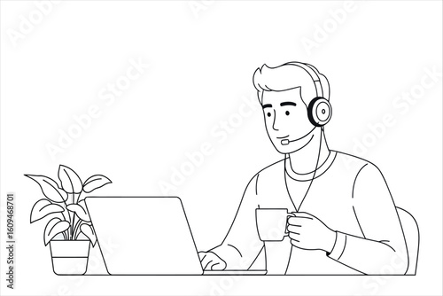 Minimalist line art of a male customer support agent with a headset working on a laptop.