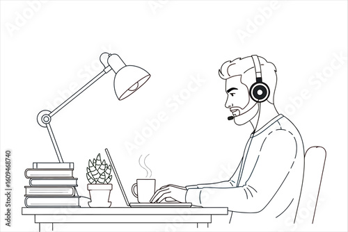 Minimalist line drawing of a bearded man with a headset working remotely at a desk with a laptop and coffee.