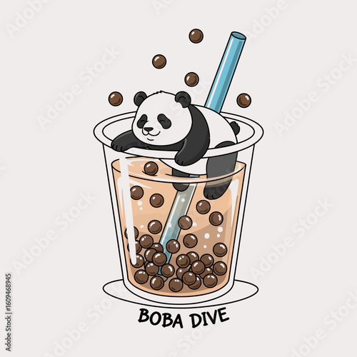 A cute cartoon panda bear relaxing happily in a glass of boba milk tea with a blue straw.
