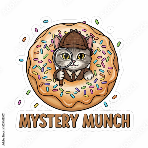 Gray Tabby Cat Detective in a Sprinkled Donut Wearing a Deerstalker Hat and Holding a Magnifying Glass.