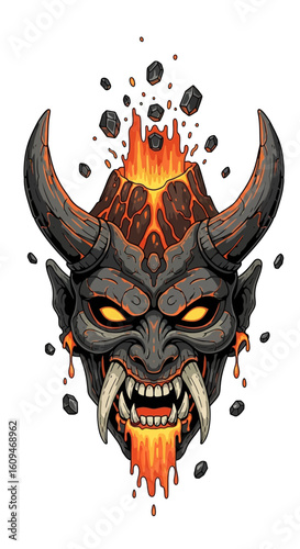 A stylized illustration of a demonic mask with a volcanic eruption emanating from its head.