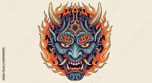 Colorful, stylized illustration of a wolf-like creature's face, featuring intricate patterns and vibrant hues.