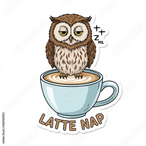 Sleepy cartoon owl with droopy yellow eyes on a blue cup of coffee with the pun Latte Nap.