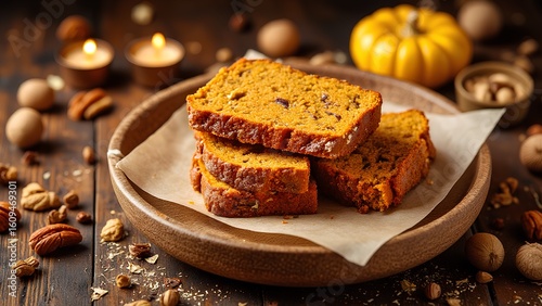 Three slices of moist pumpkin bread on a wooden plate with autumn nuts and a small pumpkin in the background.