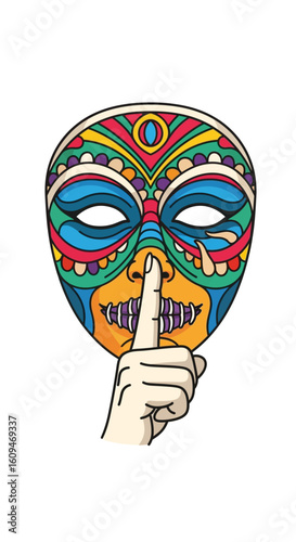 Colorful ornate mask with hand gesturing silence.