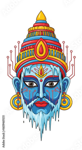 A stylized blue deity's head with a frozen icicle beard, ornate crown, and integrated circuit board patterns.