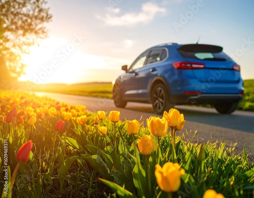 A blue car on a road with tulips