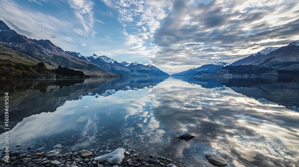 Obraz premium Lake Wakatipu, New Zealand: Alpine-Encircled Glacial Waters, Queenstown Shores, and Scenic South Island Landscapes