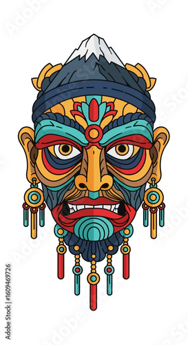 A vibrantly colored, stylized mask with intricate patterns, featuring a snow-capped mountain as its headdress and dangling ornaments.