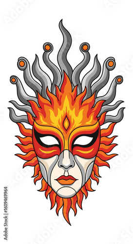 An ornate, fiery mask with a feminine face, blazing flames for hair, and metallic, tentacle-like horns.