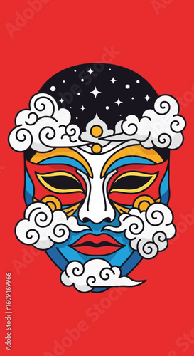 A vibrant illustration of a celestial deity mask featuring a starry cosmos for hair and swirling white clouds.