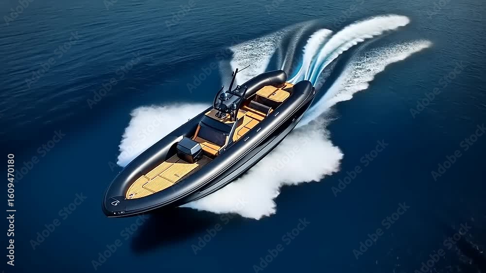 High-speed motorboat cruising through deep blue waters, showcasing sleek design and powerful performance