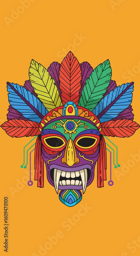 A vibrant and colorful tribal mask with a feathered headdress and fierce expression, set against a plain orange background.