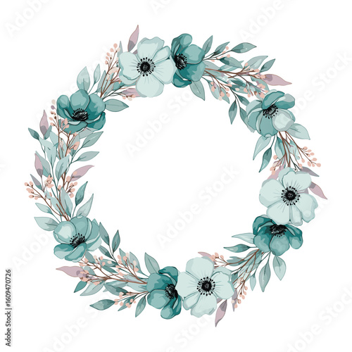 Teal Floral Wreath Watercolor Sublimation
