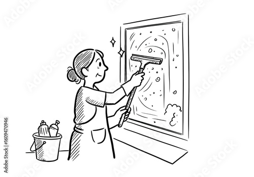A black and white illustration of a woman in an apron cleaning a soapy window with a squeegee.
