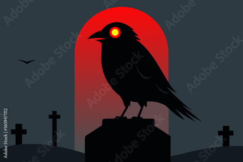 huge crow glowing red eyes