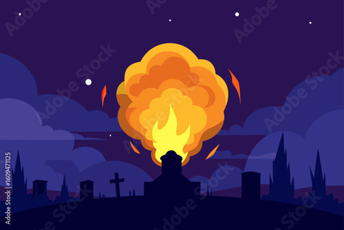 huge explosion lighting graveyard night