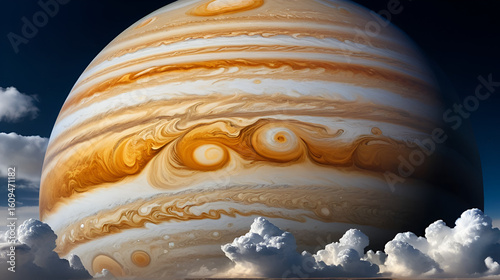 Jupiter, the largest planet in our solar system, showcases its magnificent swirling clouds and the iconic Great Red Spot, a massive storm persisting for centuries. The beautiful PNG transparent
