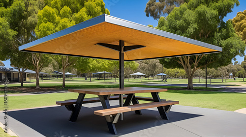 A covered shelter with a picnic table in a well-designed public space at a suburban neighborhood park in Australia, offering a recreational spot for outdoor activities and community enjoyment.