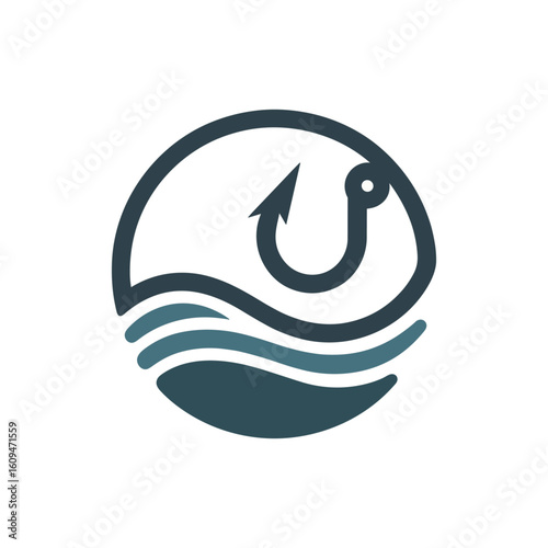 Circular logo featuring a fish with a hook, symbolizing fishing, surrounded by waves