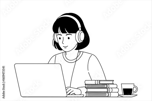 Focused Young Woman with Headphones Using Laptop.