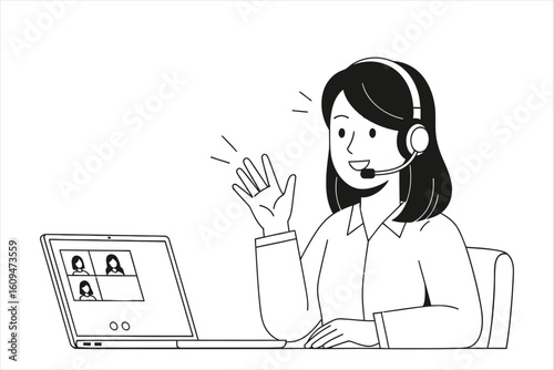 Friendly woman with headset waves hello during video conference call.